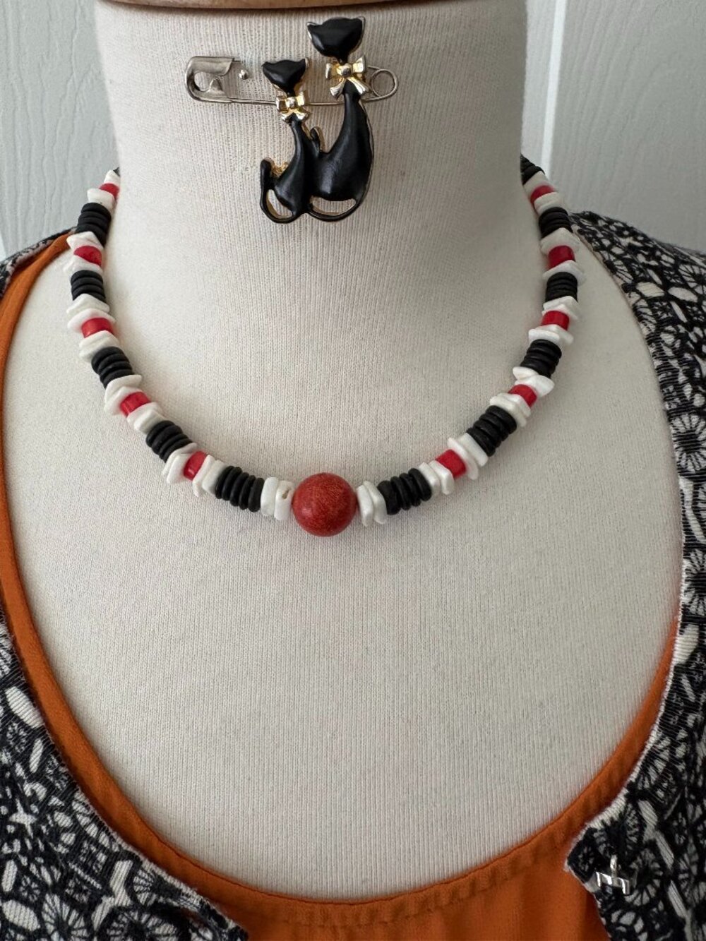 Coral White Shell and Black Wood Necklace 17" with Silver Tone Toggle Clasp